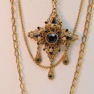 Vintage Celebrity Black Crystal & Multi Link Chain Necklace Gold Tone